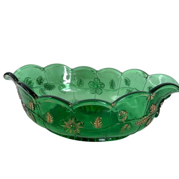 EAPG Bowl Emerald Green & Gold Paneled Dogwood Circa 1905 - 1915 Antique 12" - Picture 2 of 8